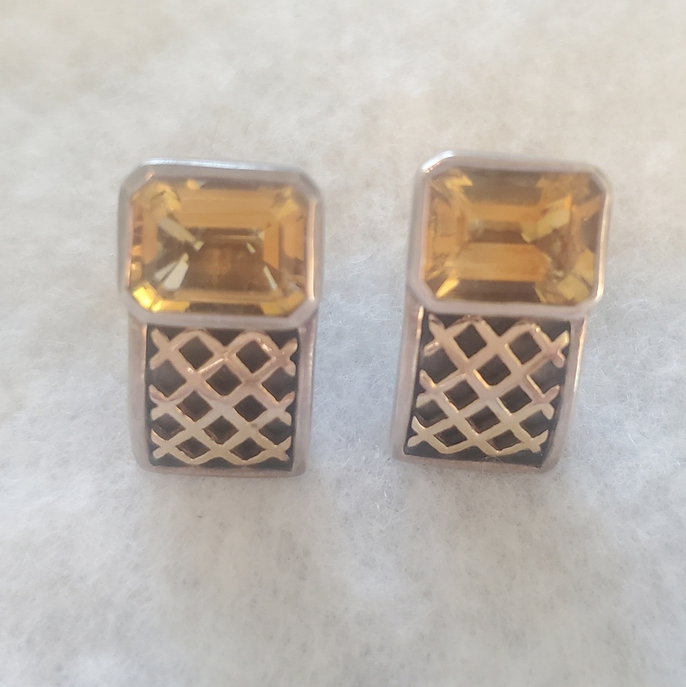 Citrine Lattice .925 Oxidized Silver 14K Gold Design Post Earrings